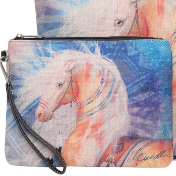 MONTANA WEST Horse Graphic Canvas Shoulder Tote & Wristlet Set NWT - Picture 3 of 11